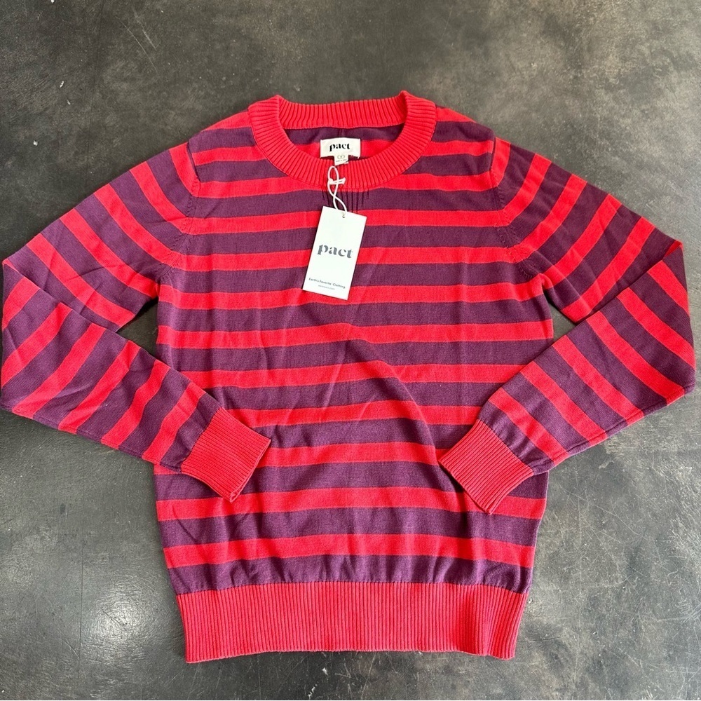 Pact Red and Purple Striped Crew Neck Sweater